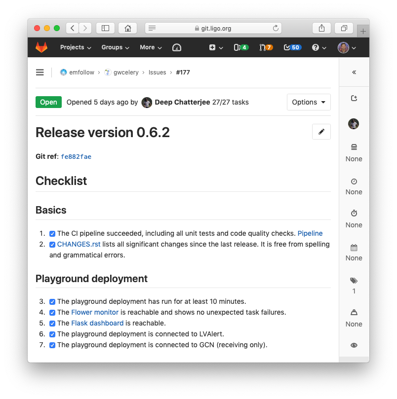 Screen shot of a release issue